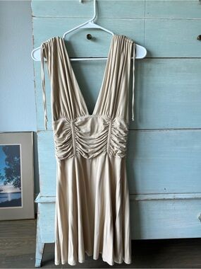 Free People Beige Ruched V-Neck Sleeveless Dress